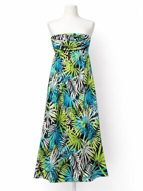 Vtg Iolani Hawaiian Dress Women M Tropical Strapless Maxi Black Aqua USA Stretch